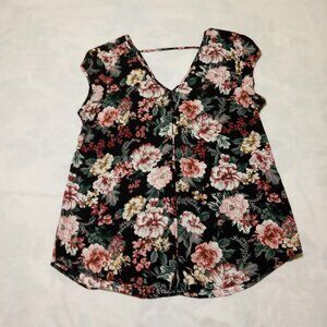 Halogen Womens Floral Blouse Multi Color V Neck Front & Back Center Pleat Size M